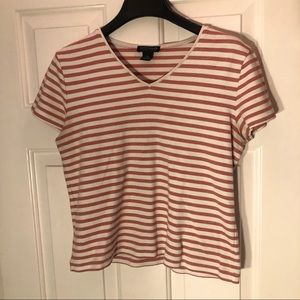 Ann Taylor Coral and White Striped V Neck